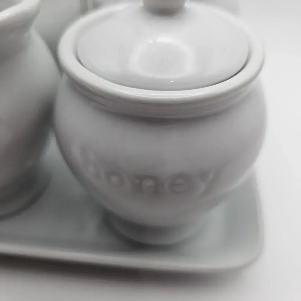 Pottery Barn Great White 5-Piece Condiment Set with Chrome Handle Caddy Read